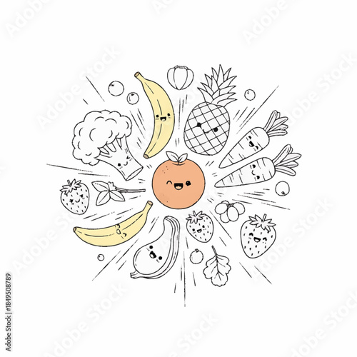 Happy cartoon fruits and vegetables arranged in circle
