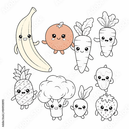 Cute kawaii fruits and vegetables with happy faces collection