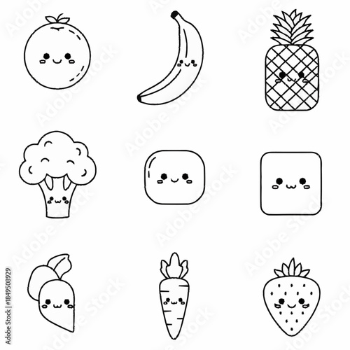 Nine adorable kawaii characters, fruits and vegetables, on white