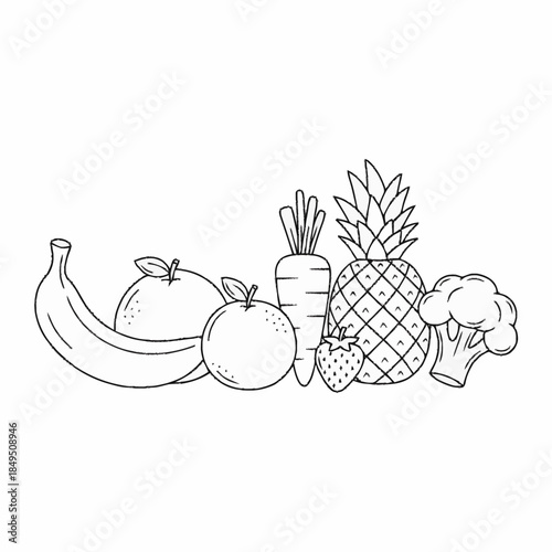 Collection of fresh fruits and vegetables in black and white outline