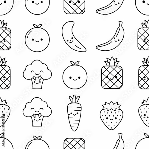 Seamless pattern of cute kawaii fruits and vegetables repeating
