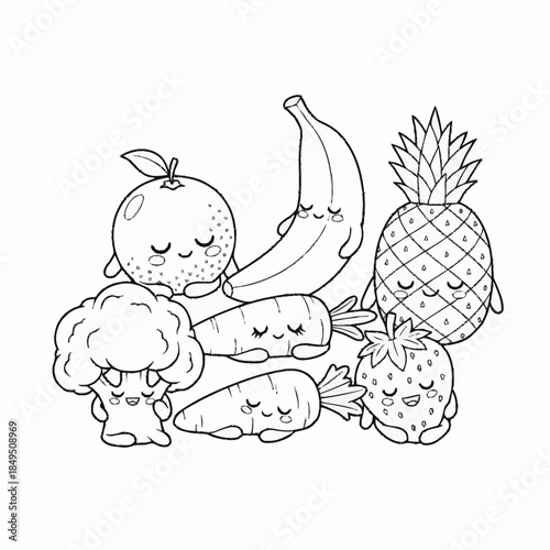 Cute sleeping fruits and vegetables in kawaii style