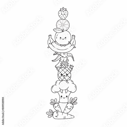 Stack of cute happy fruits and vegetables in black and white