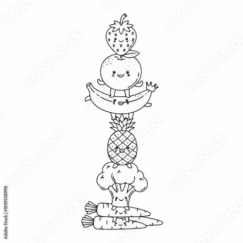 Cute cartoon fruits and vegetables stacked on top of each other.