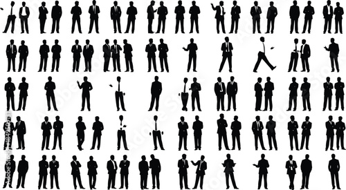 Business men silhouettes collection, professional corporate people in suits with varied poses, executive teamwork leadership concepts, modern office vector illustration