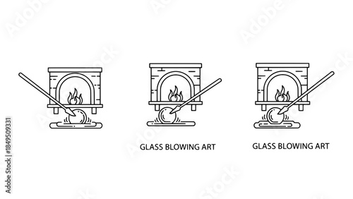 Glass Blowing Art Icon Set: Fireplace with Blowpipe in Line Art (3 Icons)