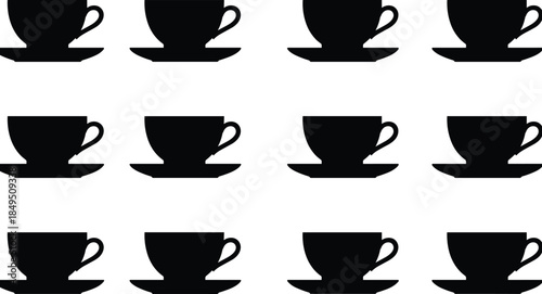 Coffee cup silhouette collection, black teacup and saucer icons for cafe menu design, beverage symbols, kitchen decor, minimal vector illustration set