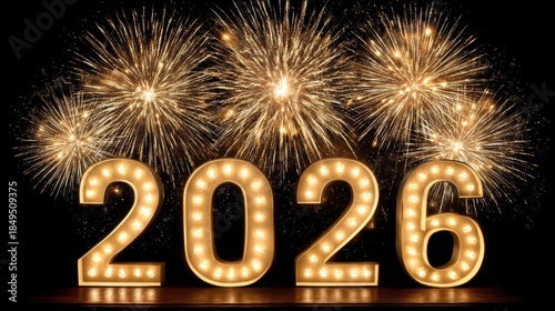 Bright and Festive 2026 Celebration with Illuminated Numbers and Fireworks Display in the Night Sky