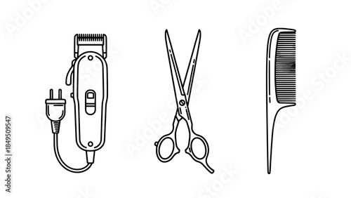 Hairdressing tools line icons set: electric clipper, scissors, and comb (vector outline illustration)