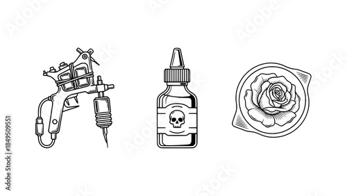 Line-art tattoo set: tattoo machine, skull-labeled ink bottle, and rose on tissue – vector outline icons
