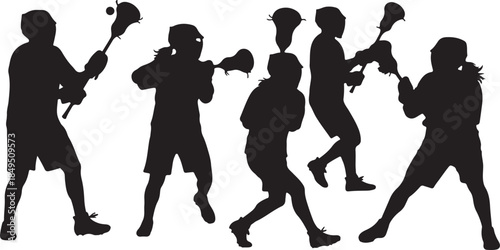 Lacrosse Player Silhouettes Action Pack: Dynamic Black and White Vector Collection Showcasing Running, Catching, Passing, and Shooting Athletic Sport Poses.