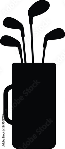 Golf club silhouette illustration, set of clubs in bag icon for sports equipment, golf training, tournament branding, minimal black vector design