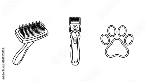 Line art icons set: pet grooming tools (brush, electric trimmer) and paw print