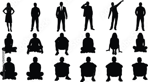People silhouettes collection with standing and sitting poses, male and female body language gestures, emotional expressions set, modern black vector illustration