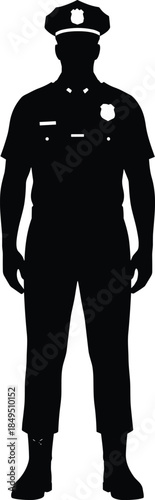 Police officer silhouette illustration, uniformed law enforcement figure standing front view, authority security symbol, public safety service icon, minimal black vector design