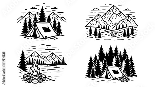 Collection of four black and white minimalist illustrations showcasing camping in different natural landscapes