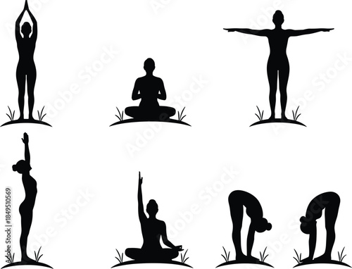 Yoga pose silhouette set illustration, women practicing meditation and stretching exercises, wellness fitness mindfulness concept, healthy lifestyle balance, minimalist black vector design