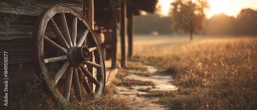 Rustic wagon wheel beside a weathered barn in a serene countryside setting at sunrise with golden sunlight filtering through trees