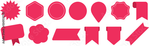Red Label and Badge Shapes Set. Modern Sale Stickers, Tags, and Ribbon Vector Collection