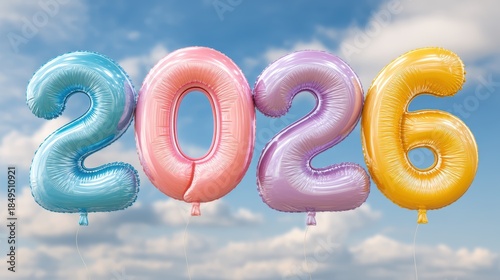 Colorful Balloons in the Shape of the Year 2026 Against a Blue Sky with Clouds