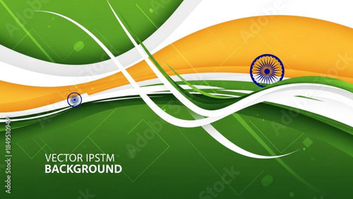 Vibrant Indian Inspired Vector Background with Green, Yellow, White Swirls and Traditional Wheel Symbol