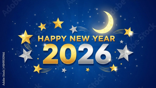 Happy New Year 2026 Celebration Background with Stars and Moon
