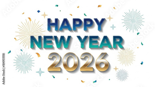 Vibrant Happy New Year 2026 Celebration Background with Fireworks and Confetti Decorations