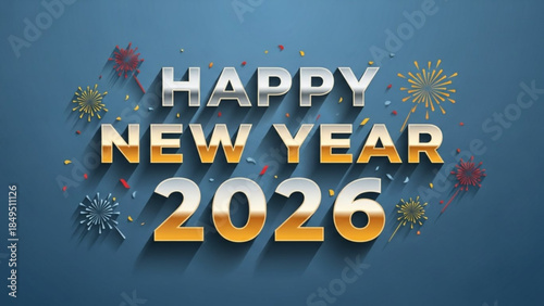 Happy New Year 2026 Celebration Background with Fireworks and Confetti Decorations