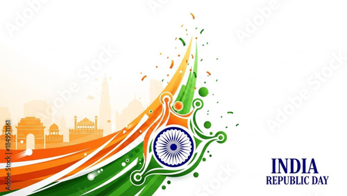 Vibrant India Republic Day Celebrations with Ashoka Chakra and Cityscape in Orange, White, and Green Hues