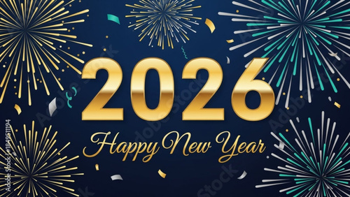 Vibrant 2026 New Year Celebration Background with Gold Text and Fireworks Explosions on Dark Blue