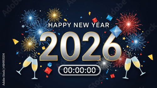 Celebrate 2026 New Year Eve, Happy New Year 2026 with Fireworks and Champagne Glasses