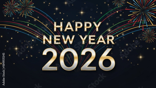 Vibrant Fireworks Celebrate Happy New Year 2026 with Sparkling Lights and Colors in the Dark Night Sky