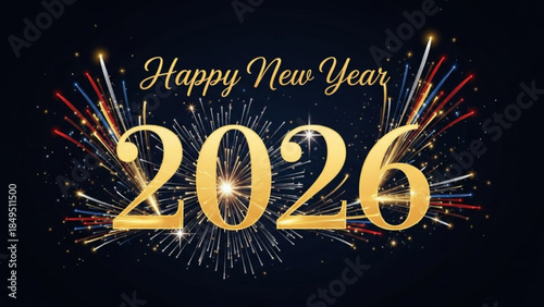 Happy New Year 2026 Celebration Background with Fireworks and Gold Text