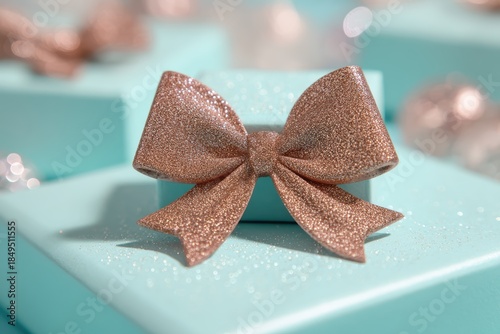 Elegant Gift Box with Glittering Rose Gold Bow on Turquoise Background for Festive Celebrations and Special Occasions