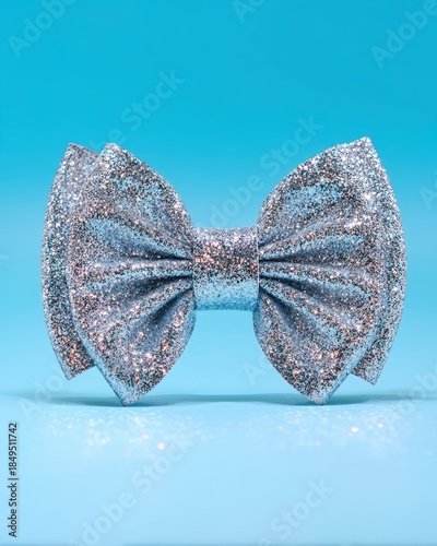 Shimmering Metallic Silver Bow on Turquoise Background Perfect for Festive or Fashion Themes