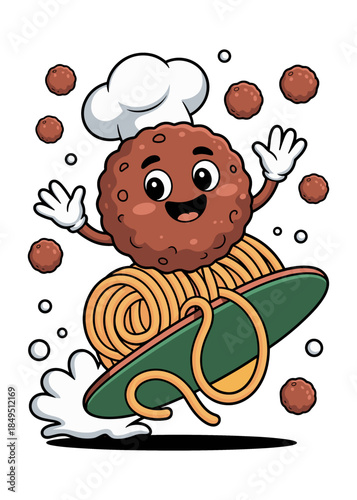 Happy Meatball Character Surfing on Spaghetti Noodles with Chef Hat