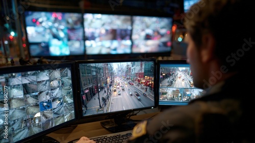 A security operator meticulously monitors live surveillance footage displayed across multiple screens. ..Created with Generative AI, not depicting real subjects.