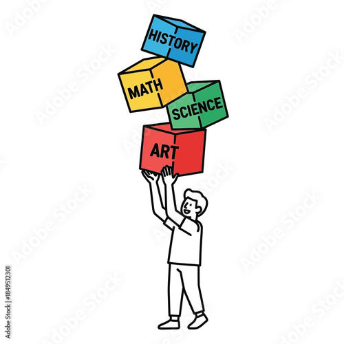 A person balancing a stack of educational subject blocks, representing the challenge of learning multiple academic disciplines.