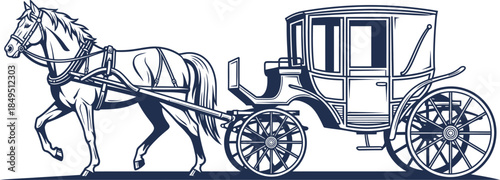 Vintage horse drawn carriage illustration with elegant equine and classic vehicle