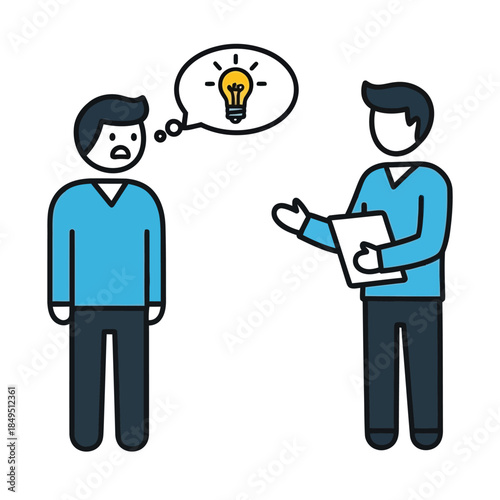 Two stylized people discussing an idea, with one presenting information and the other contemplating a lightbulb thought bubble.