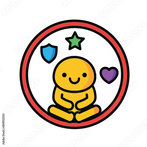 A cheerful yellow figure sitting cross-legged within a red circle, surrounded by symbols of protection, achievement, and love.
