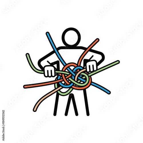 Stick figure untangling a complex knot of colorful ropes, symbolizing problem-solving, complexity, and the effort to bring order to chaos.