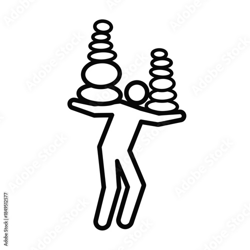 Simple black and white line art illustration of a stick figure balancing two uneven stacks of rings on its shoulders, symbolizing burden and skill.
