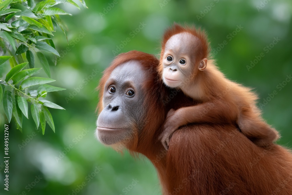 Naklejka premium Orangutan mother carrying baby through jungle habitat