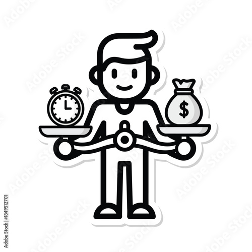 A stick figure balancing a clock and a money bag on a scale, symbolizing the crucial trade-off between time and financial resources.