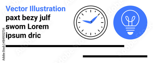 Time management, creativity, productivity, innovation, business solutions, planning. A clock and a lightbulb icon in a clean layout. Time management and creativity concepts
