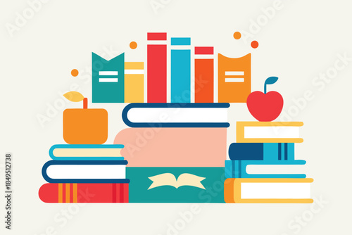 Flat Design Education Illustration with Stacks of Books and Apples for Back to School Concept