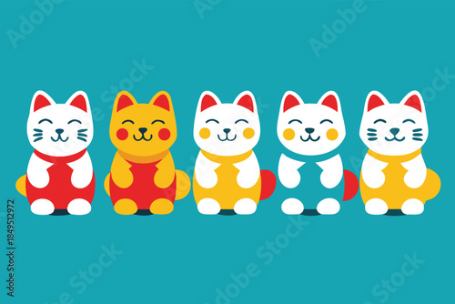Row of Cute Maneki Neko Lucky Cats Japanese Vector Illustration