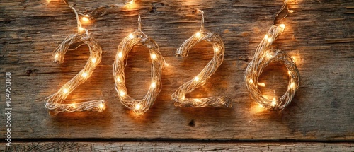 Festive Celebration of the New Year 2026 with Glowing String Lights on Rustic Wooden Background