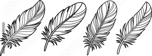 Set of Feather Line Art Coloring Book Page Outline Illustration